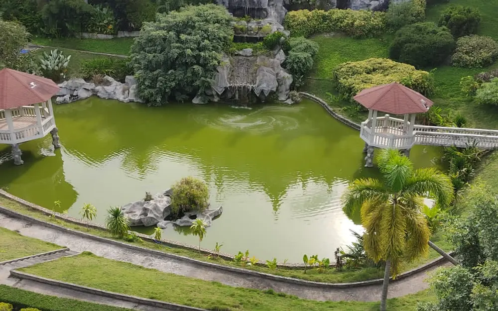 Memorial pavilions and pond at the Japanese Shrine in Valencia
