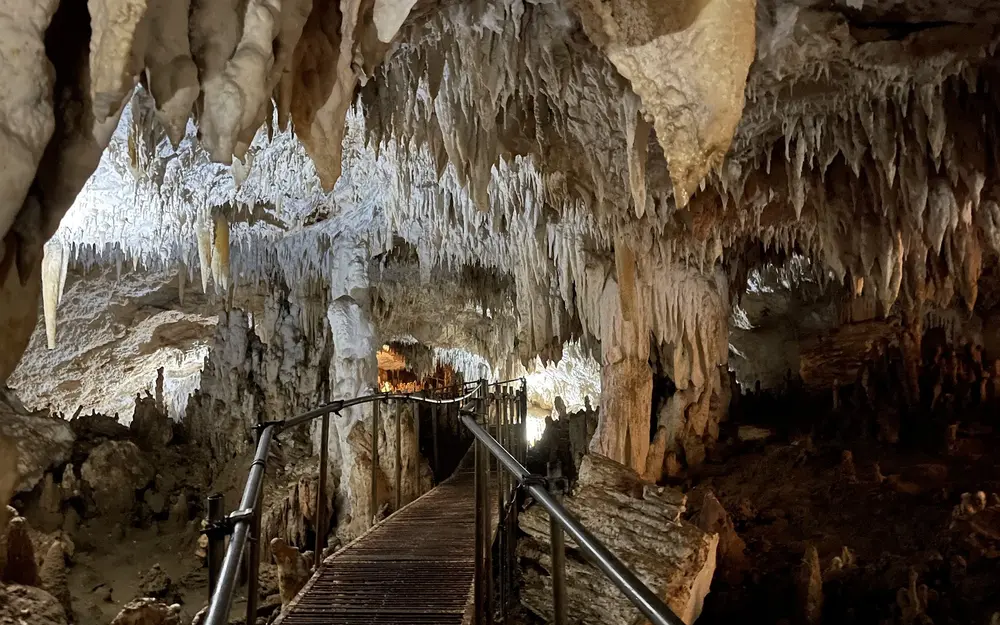 Lit walkway through a limestone cave in Mabinay